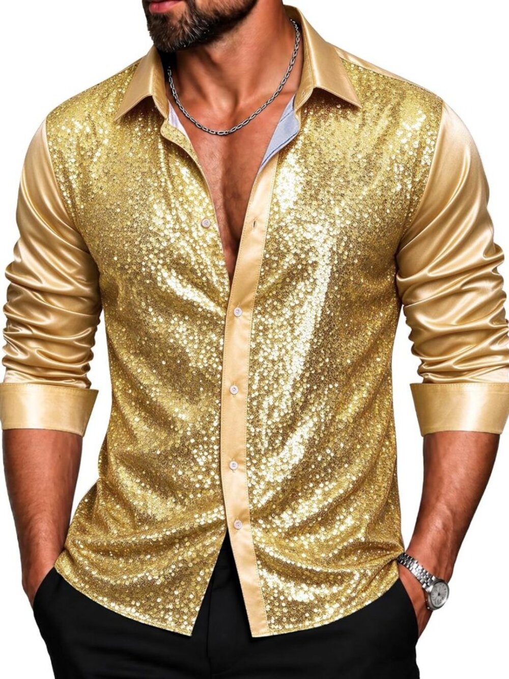 Shiny Satin Disco Shirt for Men | 70s Style Sequined Button Down Top